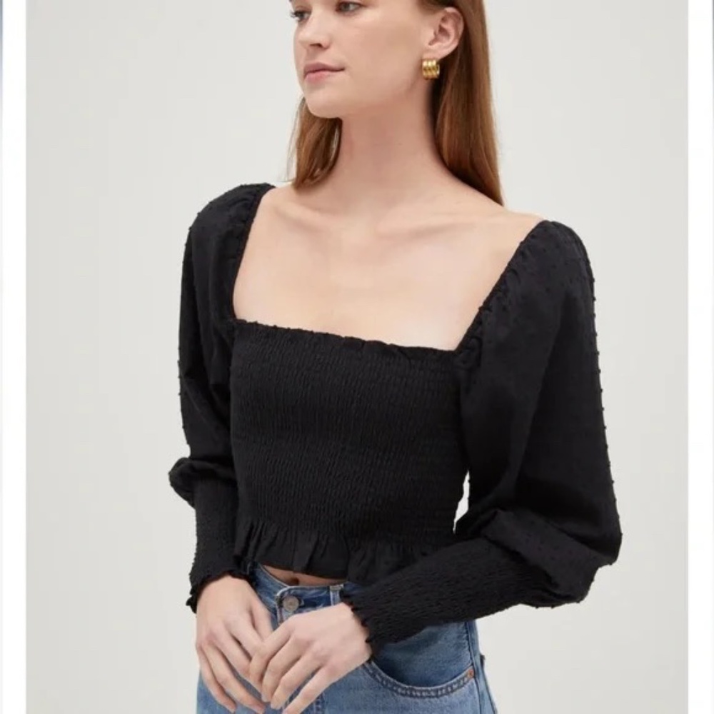 Hill House Black Smocked Square-Neck Long Sleeve Top